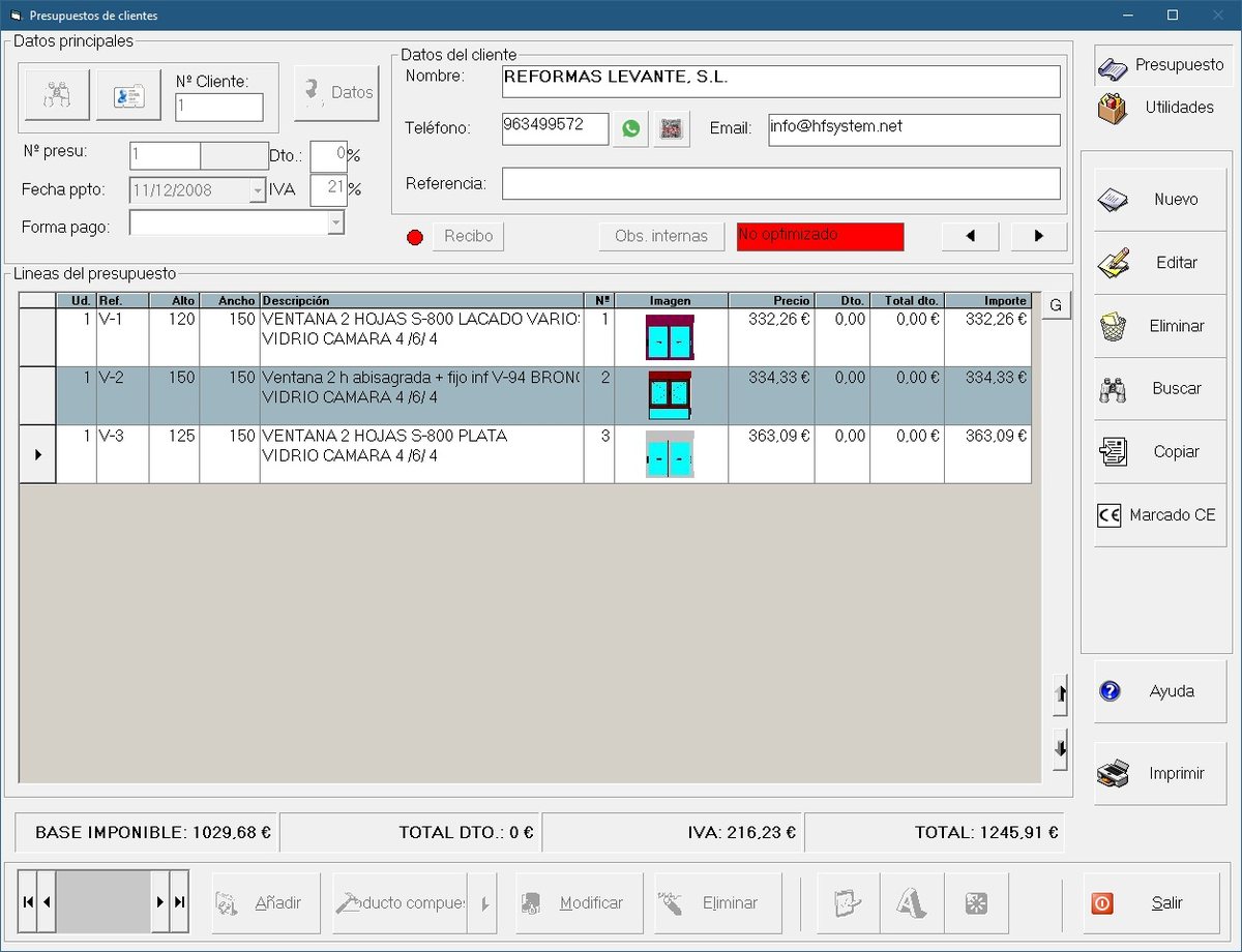Pantalla de presupuestos de MetalSoft